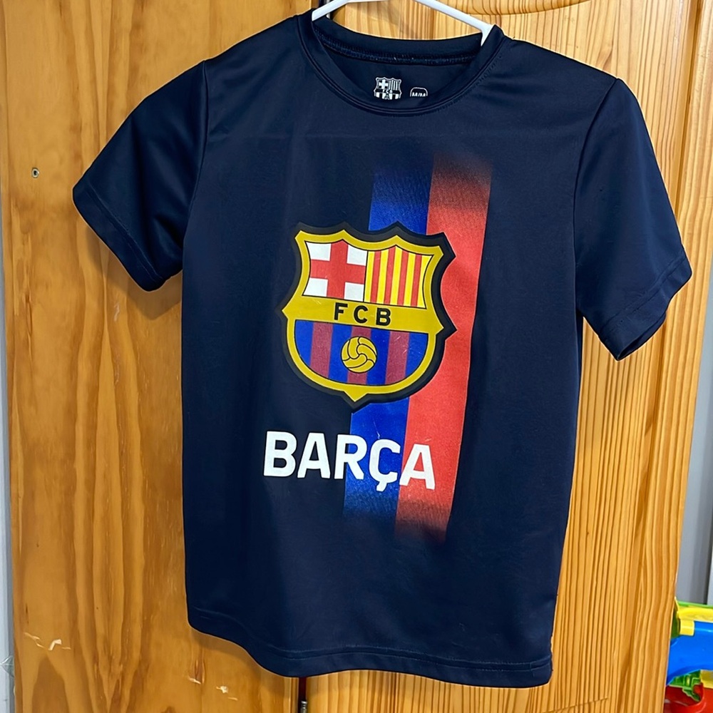 BARCELONA FCB Boys Soccer Medium Short Sleeve Soccer Shirt Navy Blue